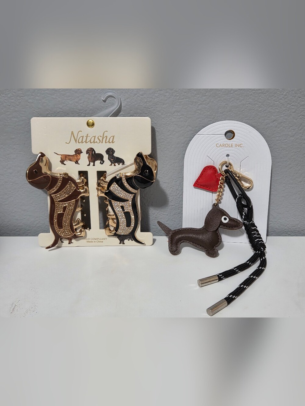 Bundle - Natasha Black & Gold Dachshund Brooch with Rhinestones & Dog Bag Charm